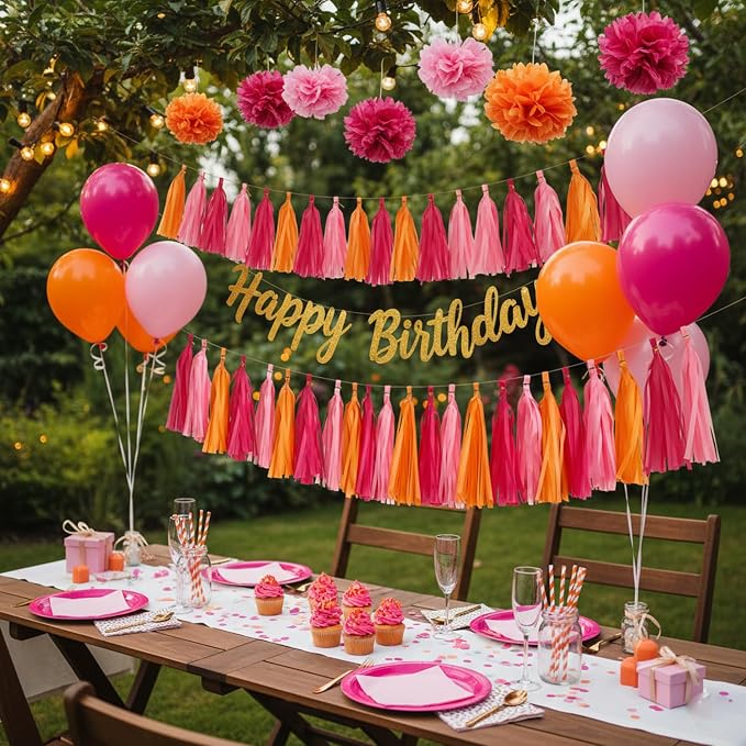 Hot Pink Pink and Orange Tassel Garland Banner, 30 Pack Paper Tassels Streamers - Image 2