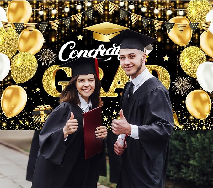 Black Gold Graduation Banner Backdrop 2026 5.9x3.6ft Congrats Grad Banner - Image 2