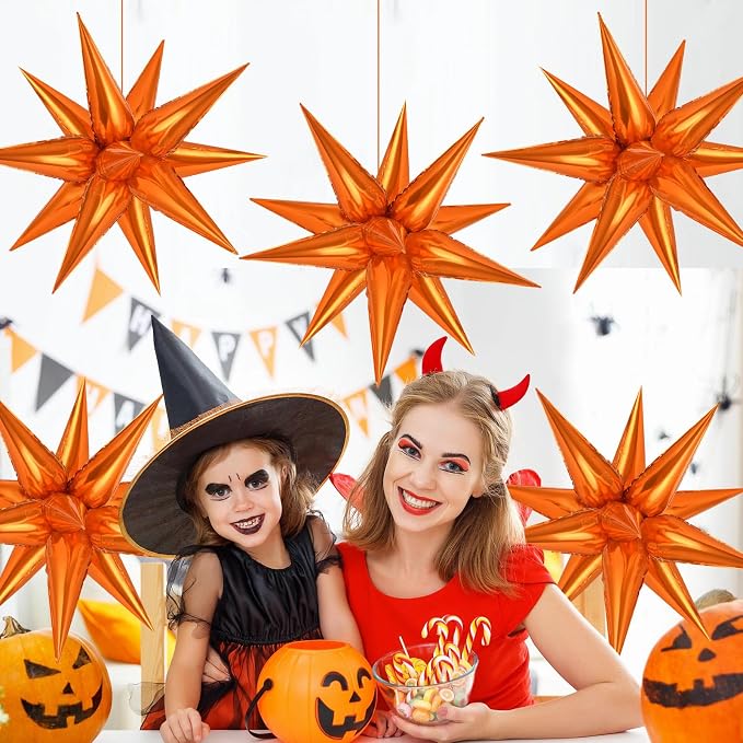 Orange Star Foil Balloons, Metallic Spike Mylar Balloon Fireworks Balloon - Image 3