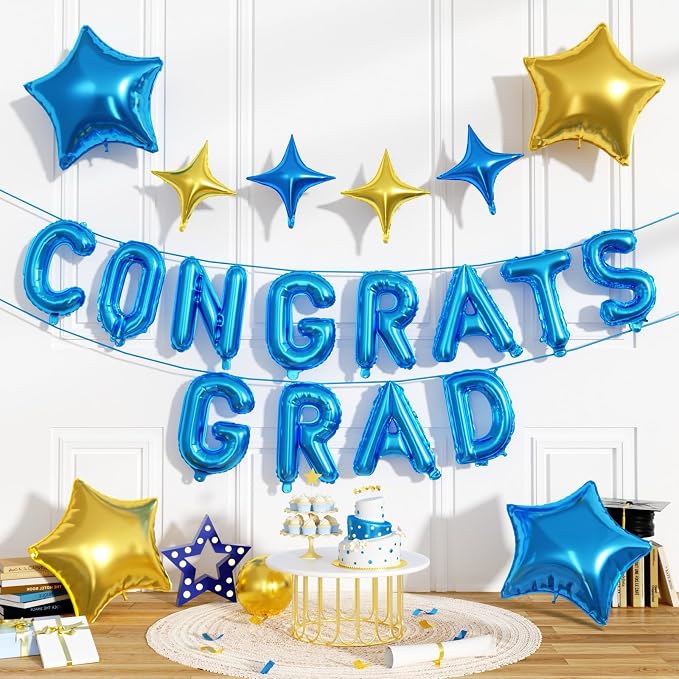 Congrats Grad Balloons, 16 Inch Blue Gold Congrats Grad Letters Banner Balloons by FunHot