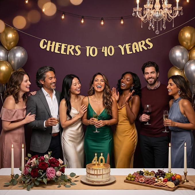 Pre-Strung Cheers to 40 Years Gold Glitter Banner - Image 9