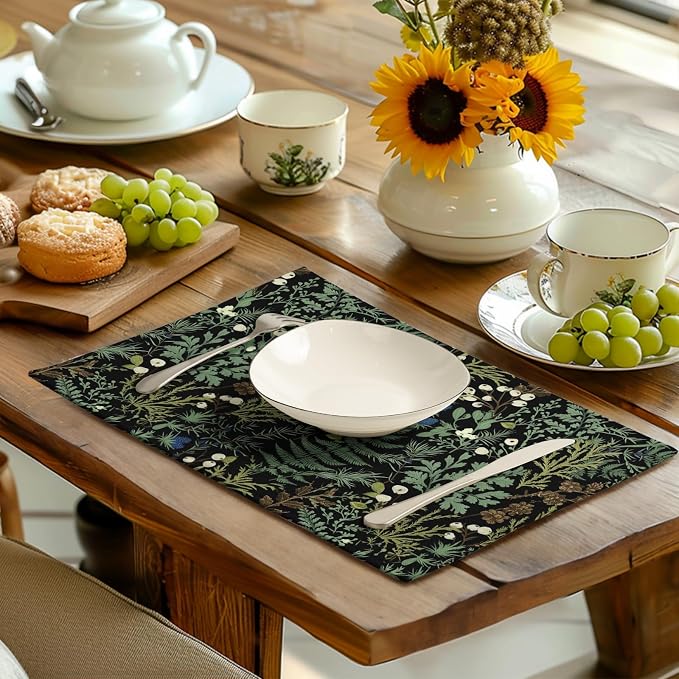 Black Sage Green Leaves Placemats Set of 4 Vintage Botanical Fern Leaf Floral - Image 6