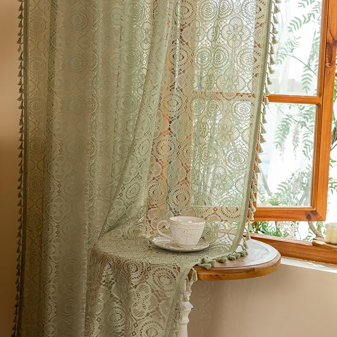 YJ YANJUN Boho Lace Curtains, Sage Green Sheer Window Panels | Geometric - Image 2