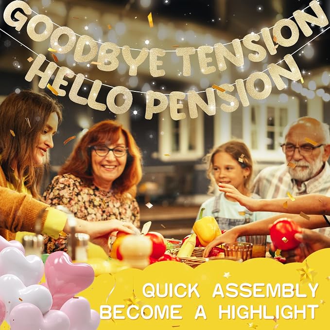 Retirement Banner Pre-Strung GOODBYE TENSION HELLO PENSION Banner Glitter - Image 7