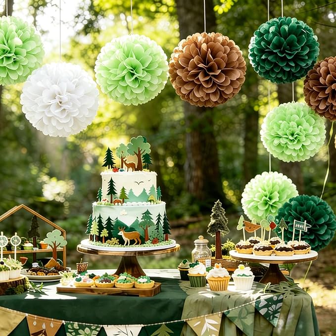 AimtoHome 12Pcs Jungle Paper Pom Poms Decorations, 10/8/6 Inch Green Brown - Image 4