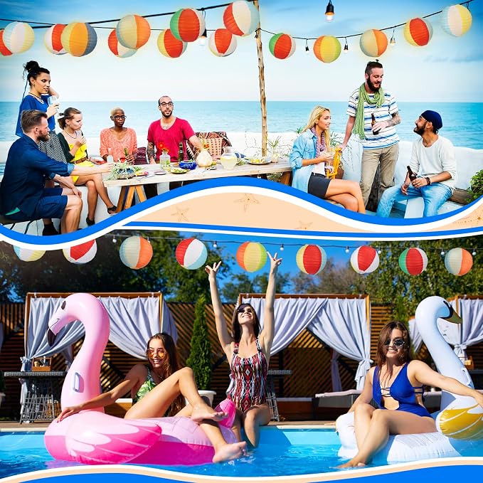 Panelee 12 Pcs 8 Inch Beach Ball Paper Lanterns Pool Party Decorations Summer - Image 5