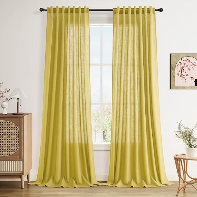 Celery Yellow Linen Curtains 108 Inches Long 2 Panels Set Back Tab Loop Pocket by Nanspring