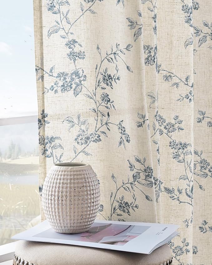 jinchan Blue Floral Linen Curtains 63 Inch French Country Back Tab 2 Panels | - Image 5