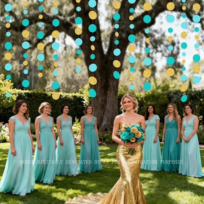Teal Gold Party Polka Dot Garland Banner Aqua Turquoise Glitter Gold Hanging - Image 7