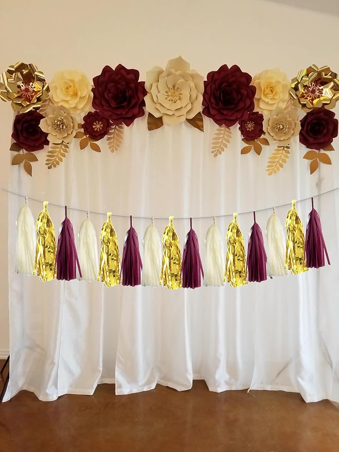 15PCS Burgundy Maroon Gold Beige Party Tissue Tassel Garland Hanging Banner - Image 2