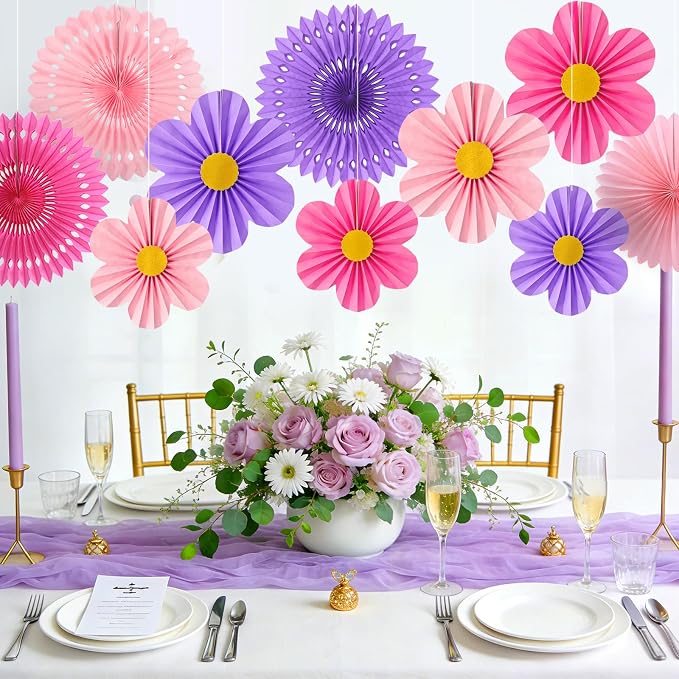 ADLKGG 12 Pcs Pink Purple Party Decorations, Paper Fans Flower Wall | Twelve - Image 6