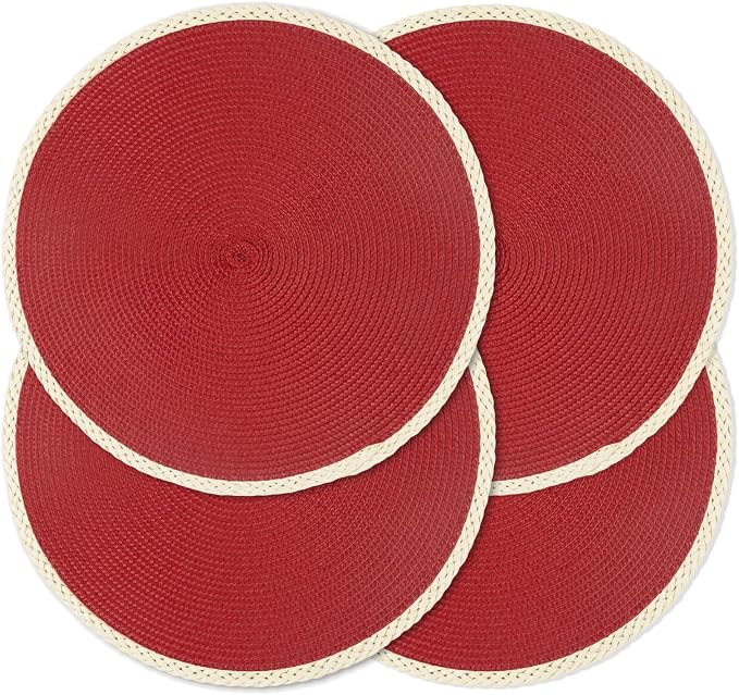 Round Placemats Set of 4, Woven Table Mats, Thin Edge, New Red | Braided Paper by Noctiflorous