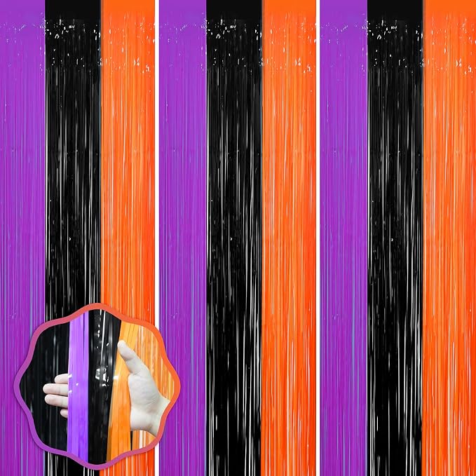Voircoloria Halloween Foil Fringe Backdrop Curtains, 3 Pack | Tinsel Streamers by Voircoloria