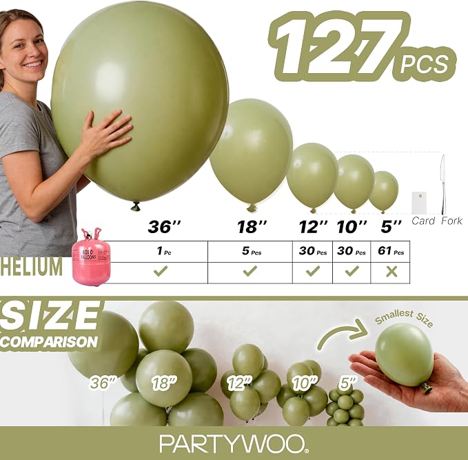 PartyWoo Sage Green Balloons 127pcs Olive Boho Green Color 36 Inch | Different - Image 6