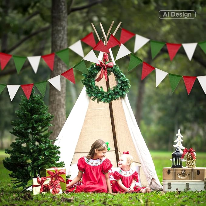 G2PLUS Pre-Strung Christmas Burlap Banners, 39Ft Red Green White Fabric - Image 5