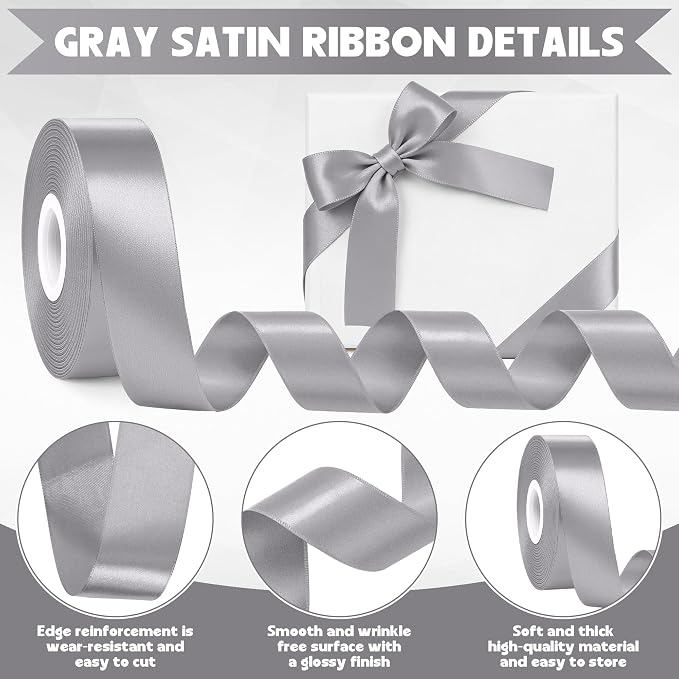 30Yards 1In Gray Satin Ribbon for Gift Wrapping Wedding Christmas Decor | Soft - Image 3