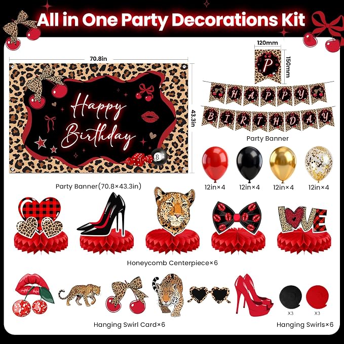 Cheetah Print Party Decorations 29pcs Cheetah Cherry Party Supplies | Red Black - Image 2