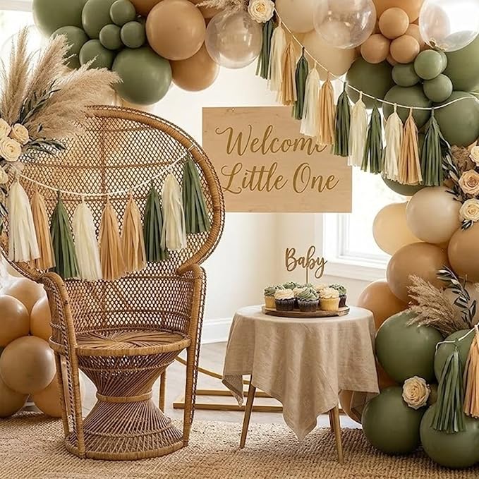 15-Pack Olive Green Brown Tan Cream Tassel Garland Paper Banner Fringe - Image 2