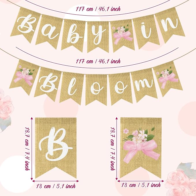 ANGOLIO 2Pcs Baby in Bloom Pink Bow Banner, Floral Baby Shower Gender Reveal - Image 2