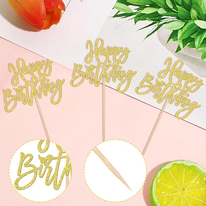 24 PCS Happy Birthday Cupcake Toppers Glitter Picks - Image 3