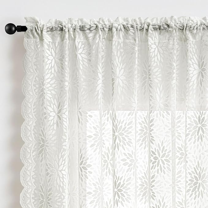 MIULEE Vintage Floral Scalloped Lace Curtains 2 Panels, Short Semi Sheer - Image 6
