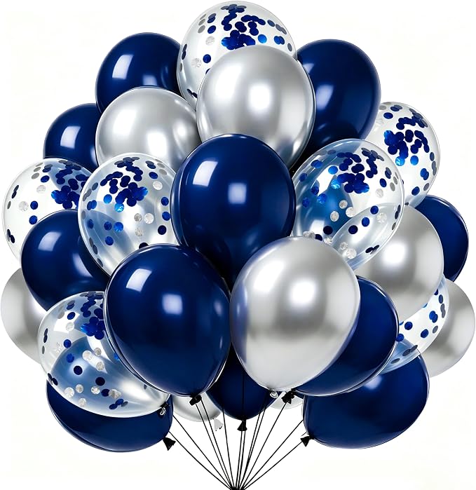 Firomi Metallic Silver Navy Blue Balloons Set 12 inch 70pcs | Dark Blue and by Firomi
