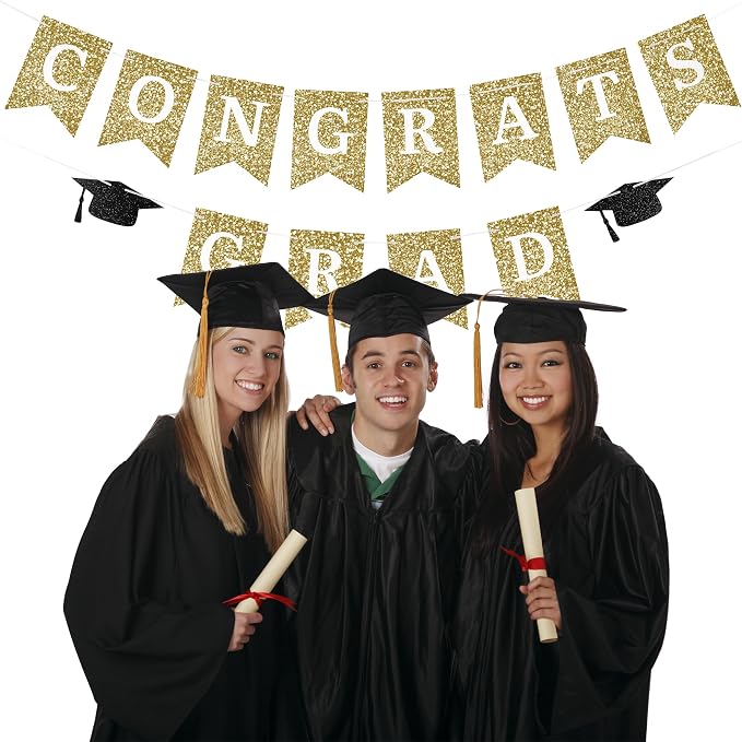 Congrats Grad Banner Gold Glitter Pre-Strung Congrats Grad Sign Decorations - - Image 6