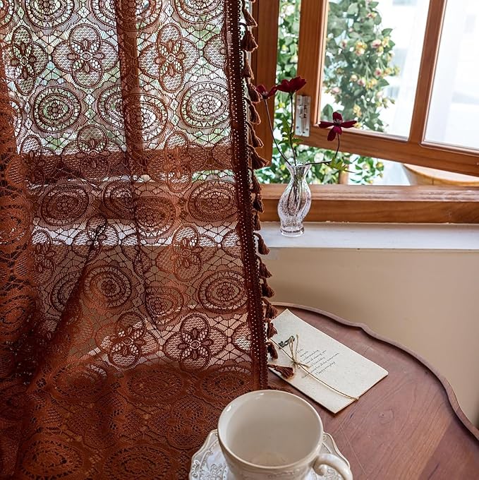 YJ YANJUN Boho Lace Curtains, 59x54 inch, Camrel Brown Sheer Window Panels | by YJYANJUN