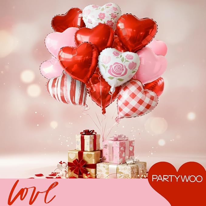 PartyWoo Pink White Red White Red Heart Foil Balloons 15pcs 18 Inch | Balloons - Image 5