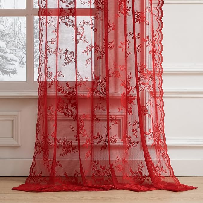 Red Lace Curtains 45 Inch Length 2 Panels Set Romantic Country Flower Curtains - Image 5