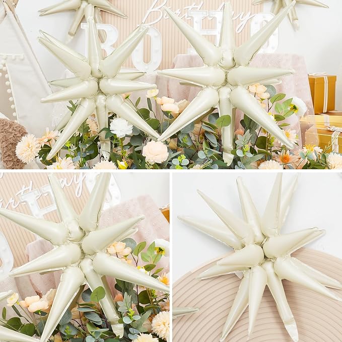 9Pcs Cream White Star Balloons, Large Explosion Star Foil Balloons, Cone Mylar - Image 6