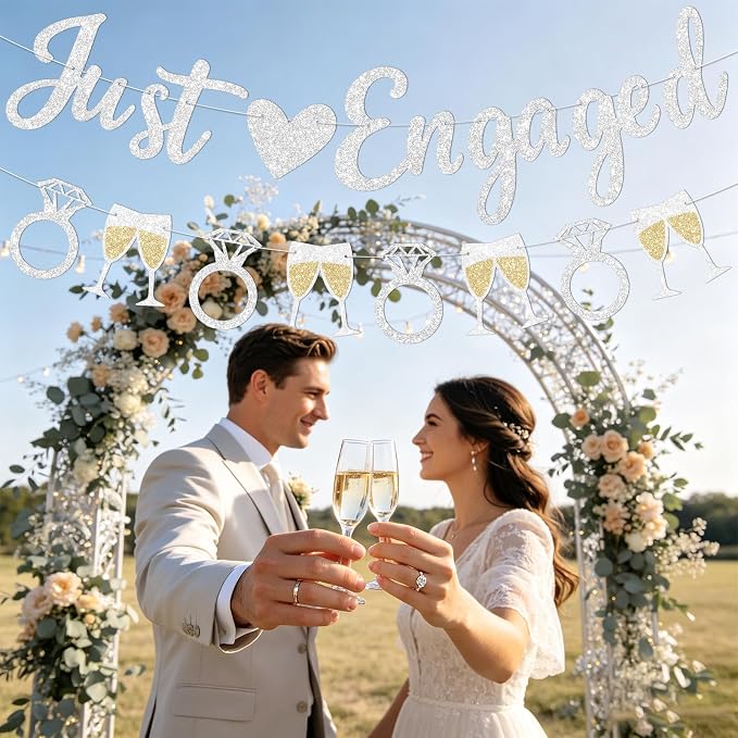 Silver Just Engaged Banner Prestrung Engagement Party Decorations Happy - Image 6
