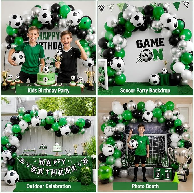 Soccer Balloons, 12 Inch Green Black White Metallic Silver Latex Balloons - Image 8