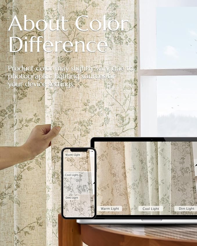 jinchan Green Floral Linen Curtains 96 Inch Farmhouse Back Tab 2 Panels | - Image 7