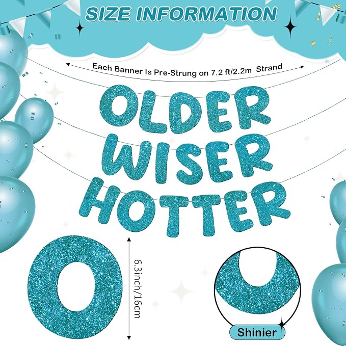 Fulmoon Set of 3 Pre Strung Older Wiser Hotter Glitter Banner Funny Birthday - Image 2