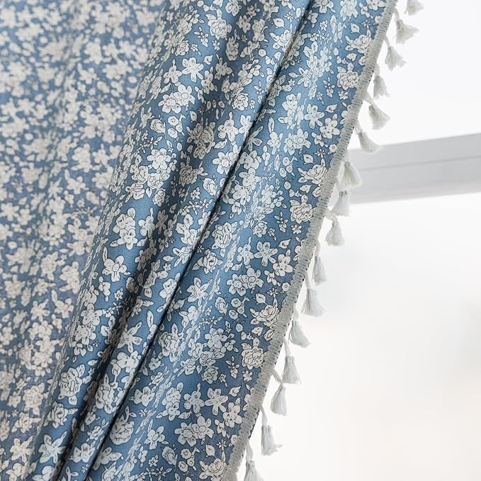ENJOYBRIDAL White Floral 63 Inch Curtains 2 Panel Set Semi Sheer Blue Drapes by ENJOYBRIDAL