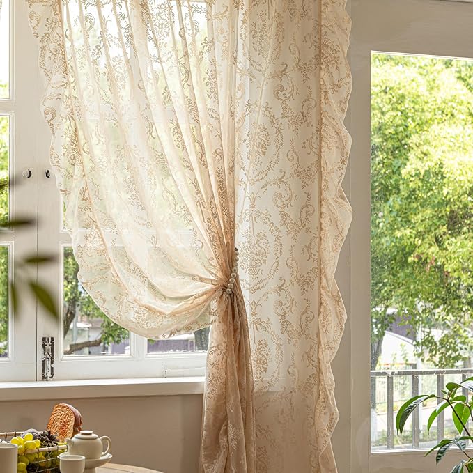 Deeprove Beige Lace Boho Sheer Curtains Cottage 2 Panels - Image 3