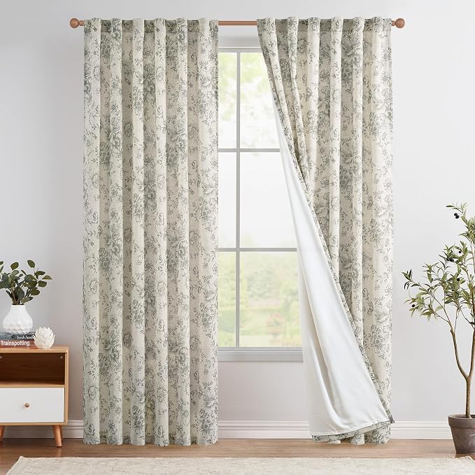 jinchan Gray Floral Linen Curtains Lined 90 Inch Vintage Back Tab 2 Panels | by JINCHAN