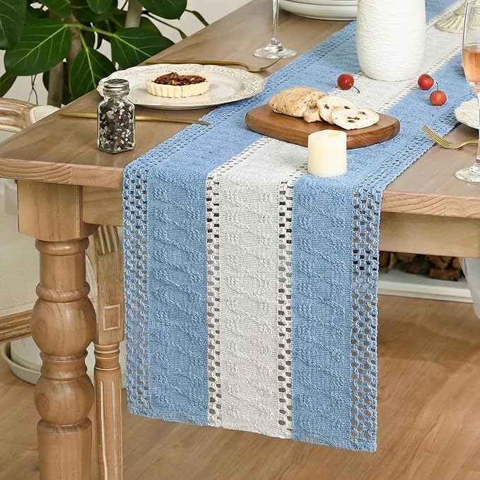 Artoid Mode Sky Blue Farmhouse Woven Table Runner 12x36 Inch | Holiday Rustic - Image 3
