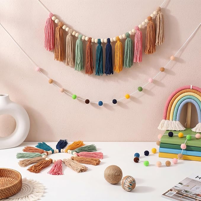 Tenceur Boho Tassel Garland and Pom Pom Banner Set- 4 Pcs Rainbow Wall Decor - Image 2