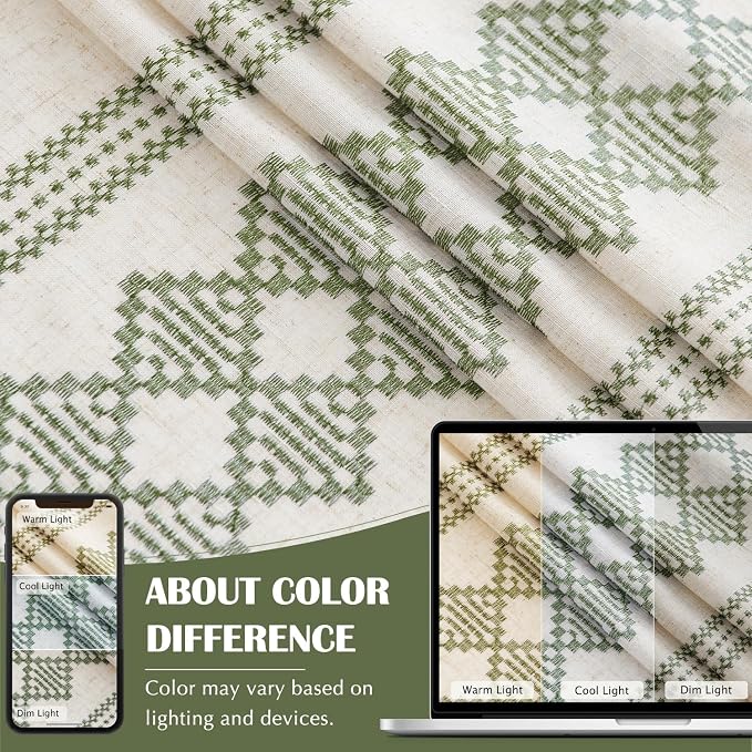 jinchan Floral Linen Curtains Embroidered Back Tab 50x84in 2 Panels Green | - Image 8