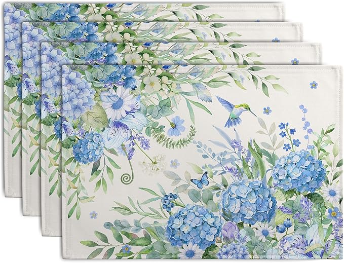 Blue Hydrangea Placemats Set of 4 Spring Summer Floral Green Leaf Bird Table by Wnoesat