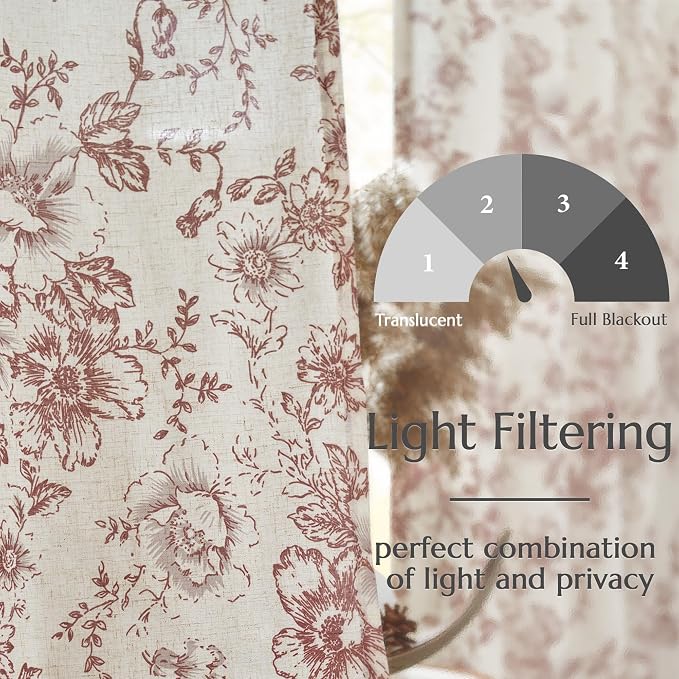 jinchan Red Floral Linen Curtains 90 Inch Vintage Back Tab 2 Panels | Light - Image 3