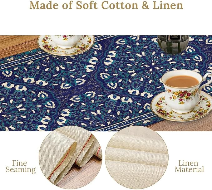 Boho Floral Vintage Table Runner, Retro Morris Abstract Blue Flower Rustic Country Farmhouse Pattern for Home Kitchen Table Decor Dining Coffee Room Wedding Party Decor 13x72in