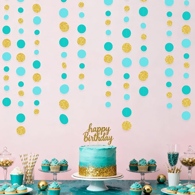 Teal Gold Party Polka Dot Garland Banner Aqua Turquoise Glitter Gold Hanging - Image 5