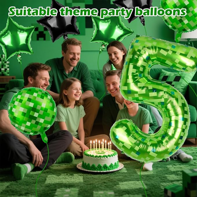 40 Inch Green Pixel Themed Number 5 Balloon Set Foil Balloon - Image 3