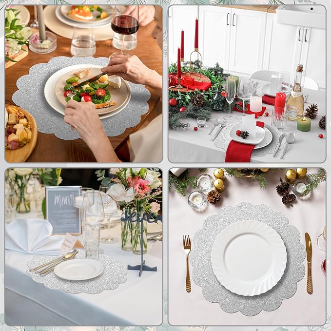 60 Pcs Silver Glitter Paper Placemats, 13.5 Inch Scalloped Table Mats | - Image 6