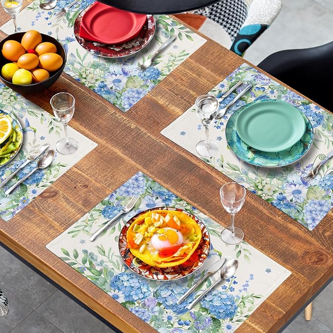 Blue Hydrangea Placemats Set of 4 Spring Summer Floral Green Leaf Bird Table - Image 7