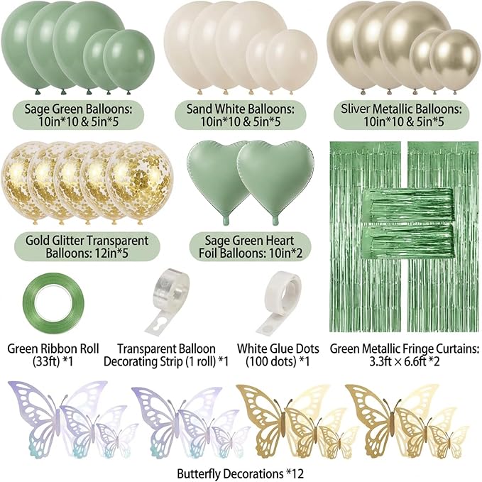Sage Green Balloon Arch Kit 58pcs, 12in Green and White Balloons - Image 4