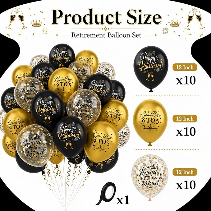 Happy Retirement Balloons Party Decorations, 12 Inch Black and Gold Retirement - Image 2